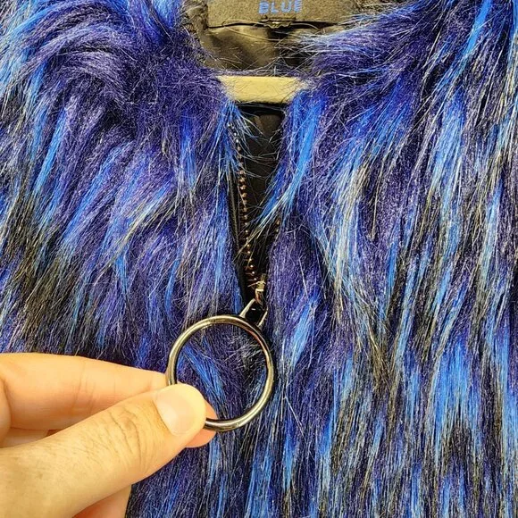 Shaci Blue Women's Size Medium Blue Black Faux Fur Monster‎ Bomber Jacket - Picture 9 of 15